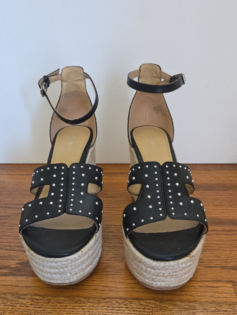 Nine West Black Leather Studded Espadrille Wedge Sandals, Size 9.5